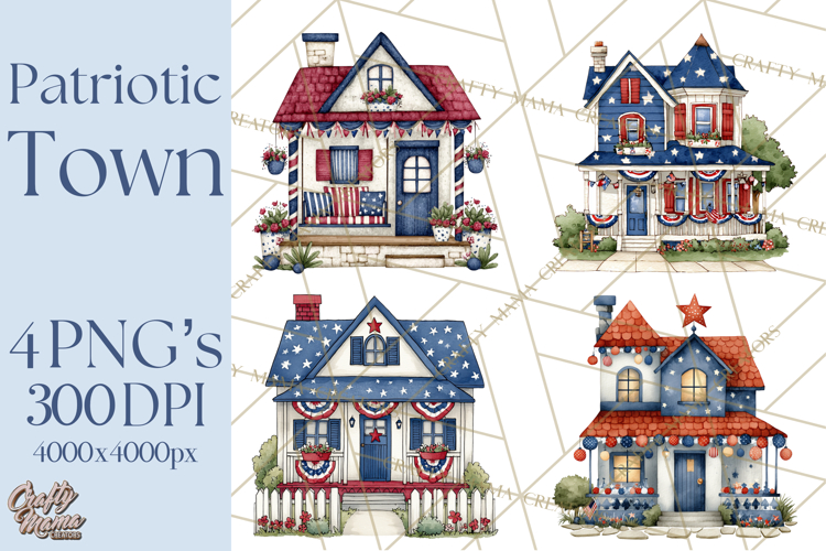 Patriotic Town Clipart, 4th of July Houses and Shops Png