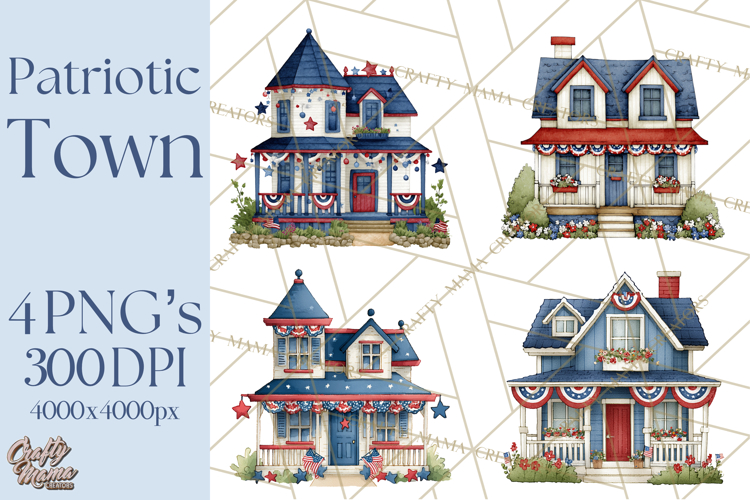 Patriotic Town Clipart, 4th of July Houses and Shops Png