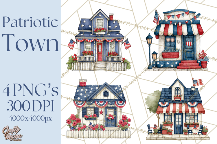 Patriotic Town Clipart, 4th of July Houses and Shops Png