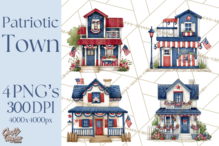 Patriotic Town Clipart, 4th of July Houses and Shops Png