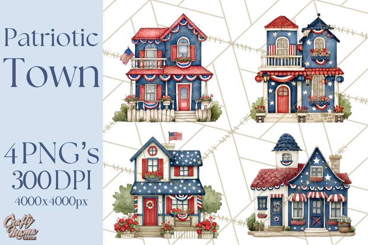 Patriotic Town Clipart, 4th of July Houses and Shops Png