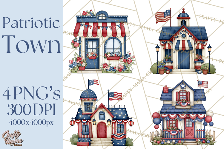 Patriotic Town Clipart, 4th of July Houses and Shops Png