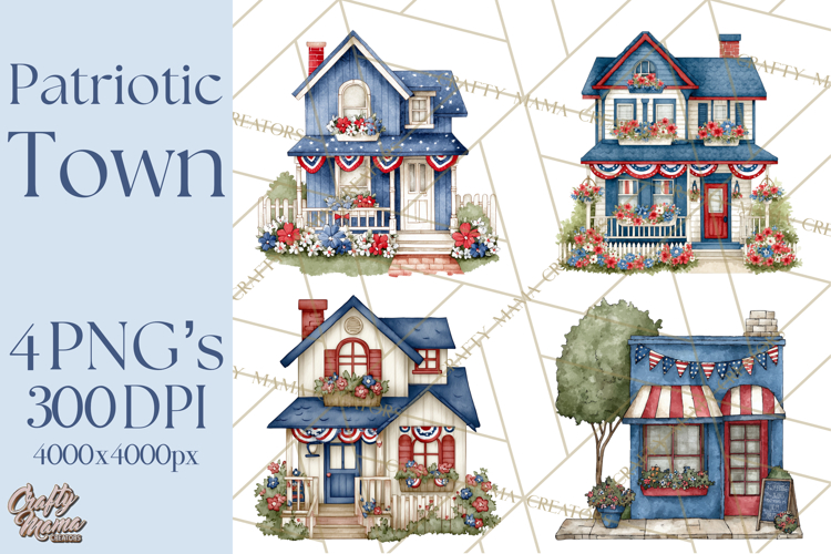 Patriotic Town Clipart, 4th of July Houses and Shops Png