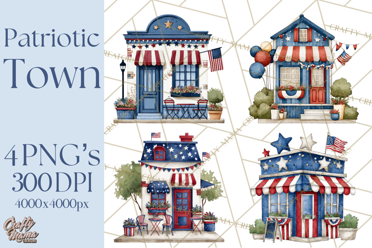 Patriotic Town Clipart, 4th of July Houses and Shops Png