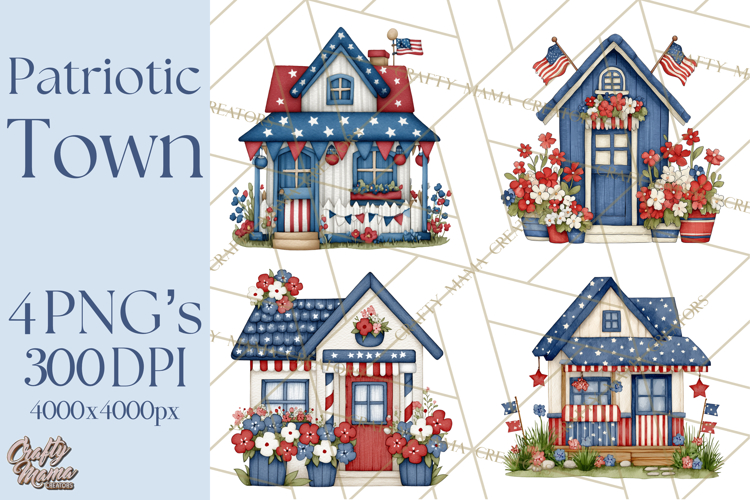 Patriotic Town Clipart, 4th of July Houses and Shops Png