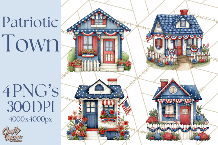 Patriotic Town Clipart, 4th of July Houses and Shops Png