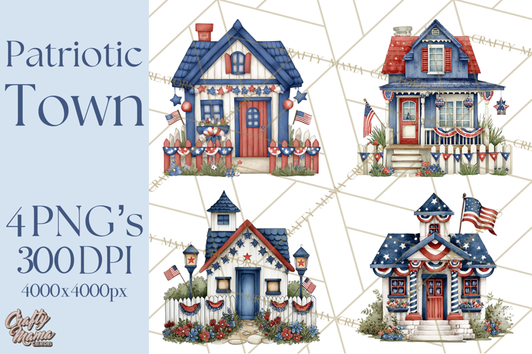 Patriotic Town Clipart, 4th of July Houses and Shops Png