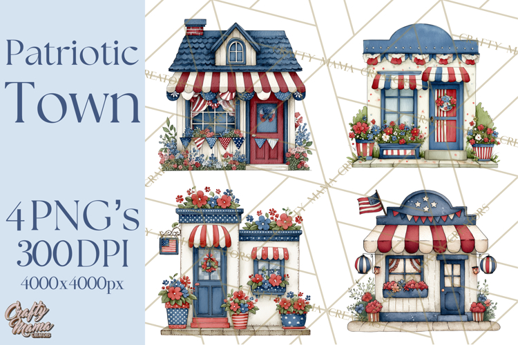 Patriotic Town Clipart, 4th of July Houses and Shops Png