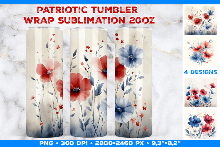 Boho Patriotic Floral Tumbler Wrap Sublimation Design