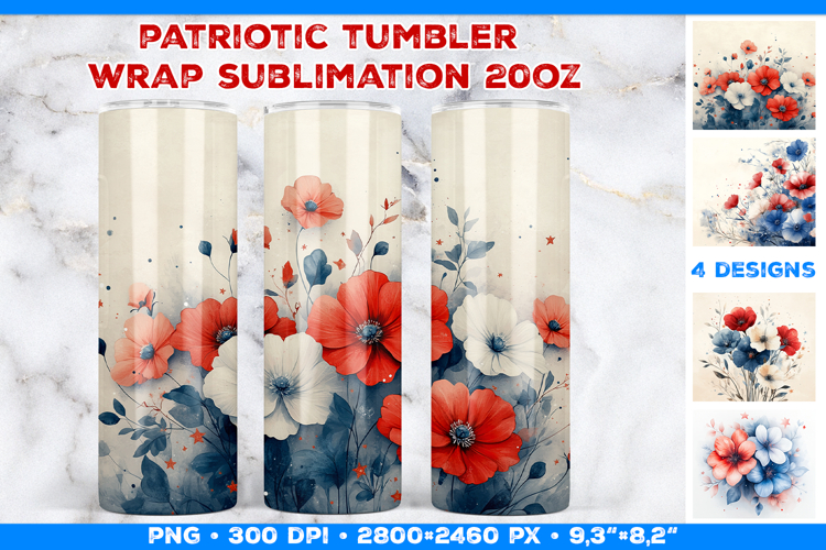 Boho Patriotic Floral Tumbler Wrap Sublimation Design