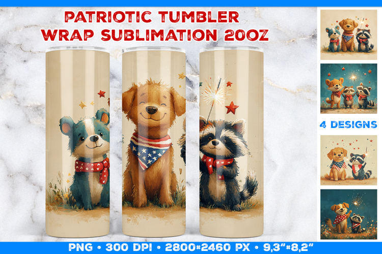 Cute Patriotic Animals Tumbler Wrap Sublimation Design