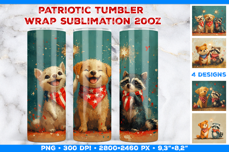 Cute Patriotic Animals Tumbler Wrap Sublimation Design