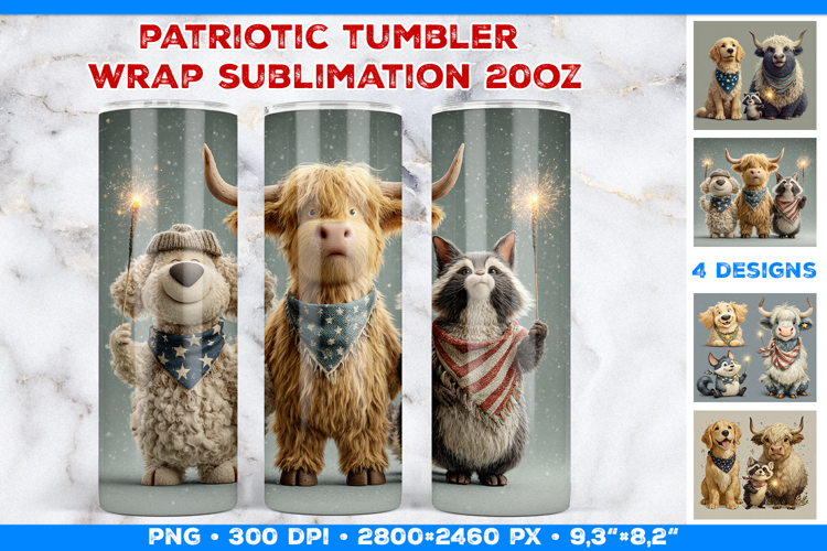 Cute Patriotic Animals Tumbler Wrap Sublimation Design