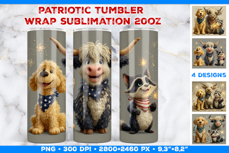 Cute Patriotic Animals Tumbler Wrap Sublimation Design