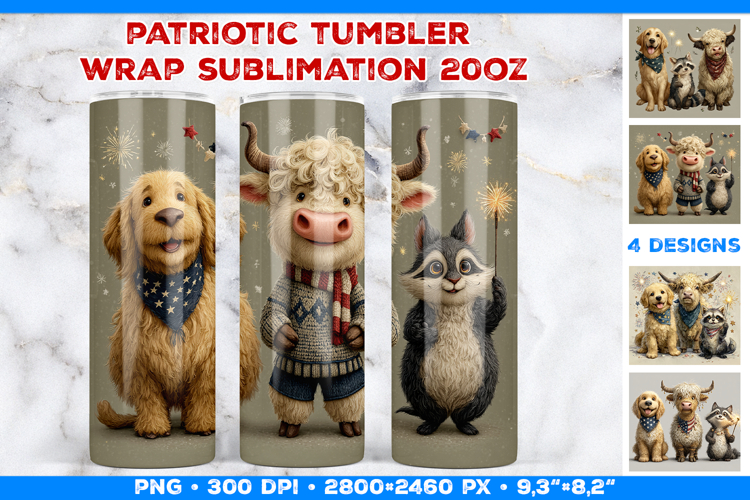 Cute Patriotic Animals Tumbler Wrap Sublimation Design