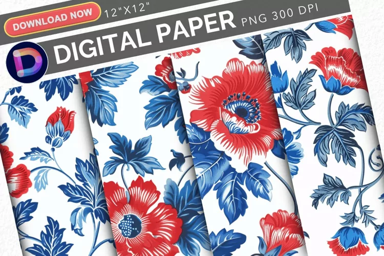 Patriotic Vintage Flowers Digital Paper