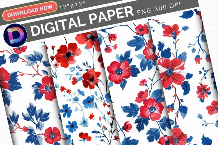 Patriotic Vintage Flowers Digital Paper