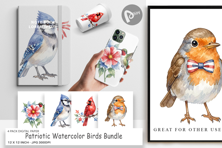 Patriotic Watercolor Birds Digital Paper
