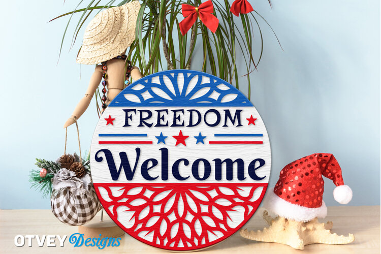 Patriotic Welcome Sign, Round Door Hanger example image 1