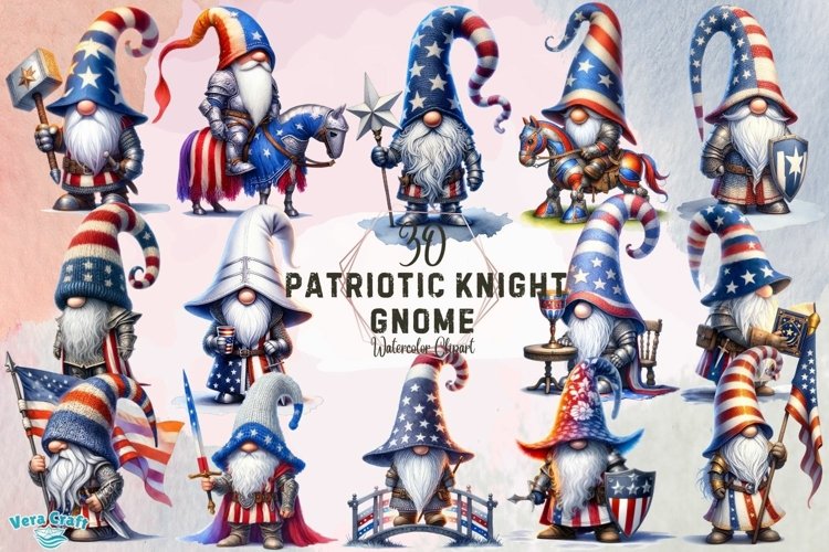 Patriotic Knight Gnome Watercolor Clipart - 30 Variations example image 1