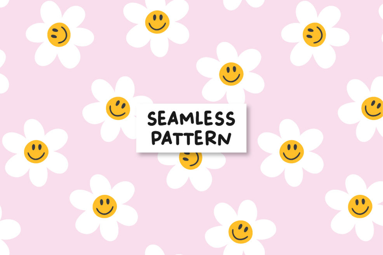 Floral Pattern. Groovy Pattern. Smiley faces pattern