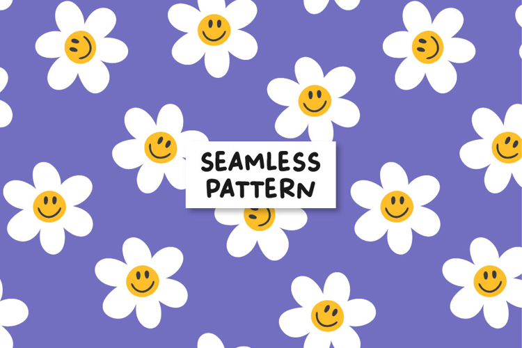 Floral Pattern. Groovy Pattern. Smiley faces pattern