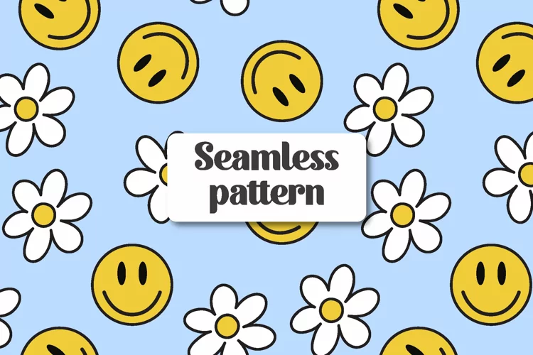 Groovy pattern. Smiley faces pattern. Retro seamless pattern