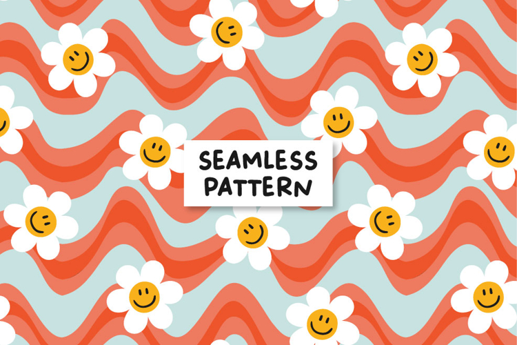 Groovy pattern. Smiley faces pattern. Retro seamless