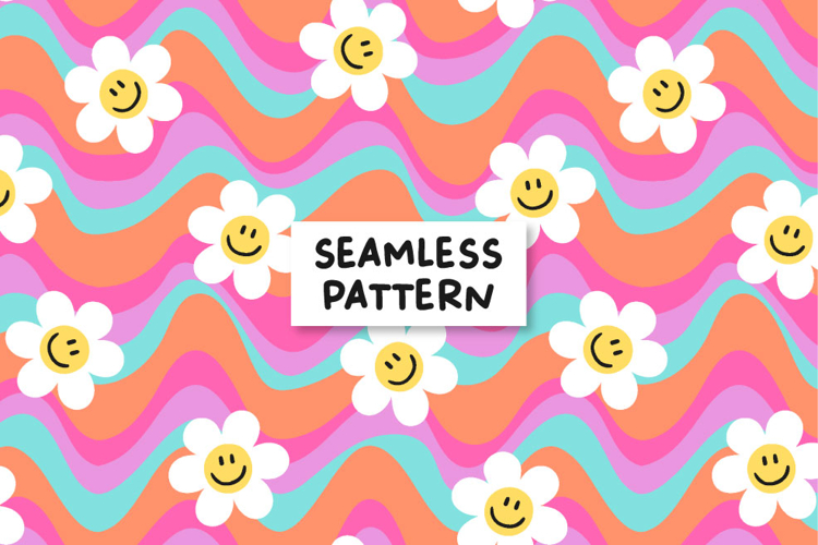 Groovy seamless pattern. Retro pattern. Smiley faces pattern