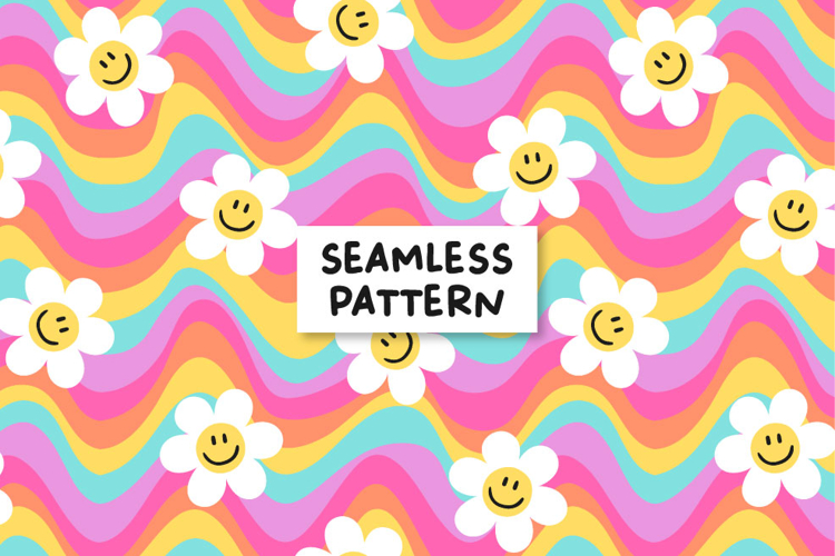 Groovy seamless pattern. Smiling faces pattern. Retro patter