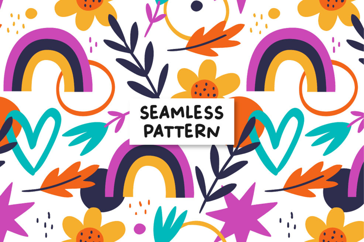 Rainbow floral digital paper. Summer print. Decorative paper