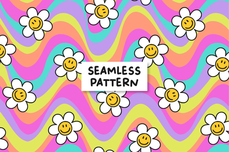 Retro pattern. Smiling faces pattern. Floral pattern