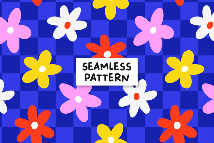 Blue Checkered Floral Seamless Pattern. Floral pattern