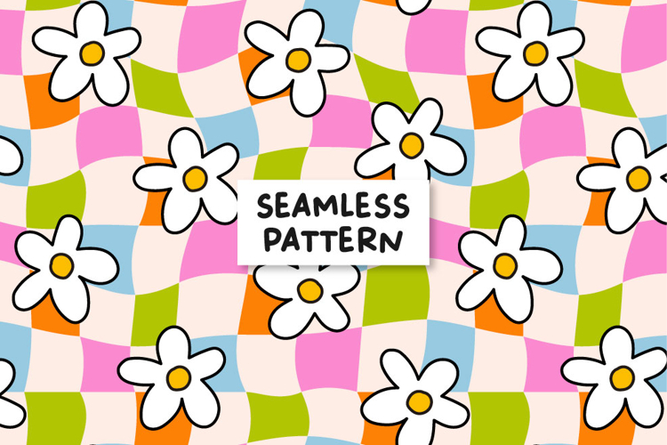 Groovy Checkered Daisy Seamless Pattern Retro Daisy Pattern