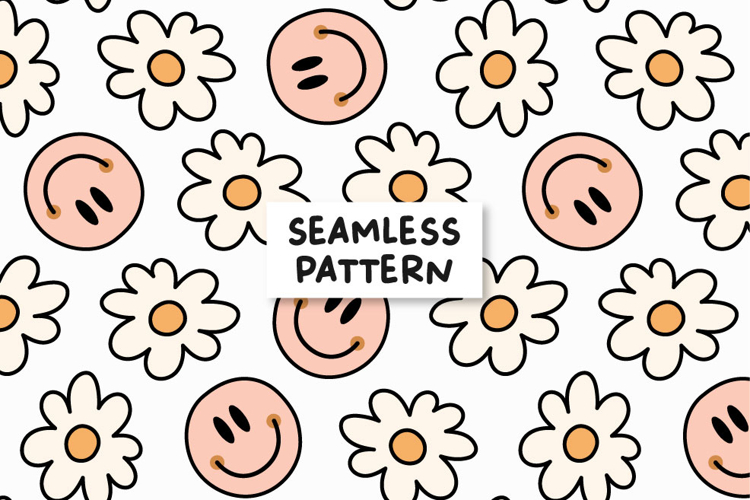 Happy Face Pattern Retro Daisy Seamless Pattern Smile Face