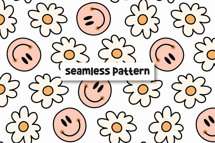 Happy Face Pattern Retro Daisy Seamless Pattern Smile Face