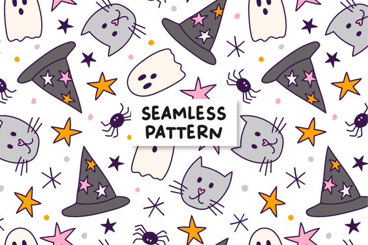 Cute Halloween Pattern Witch Hat Background Ghosts.