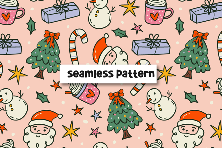 Hand drawn Christmas Pattern Santa Background Cristmas Tree