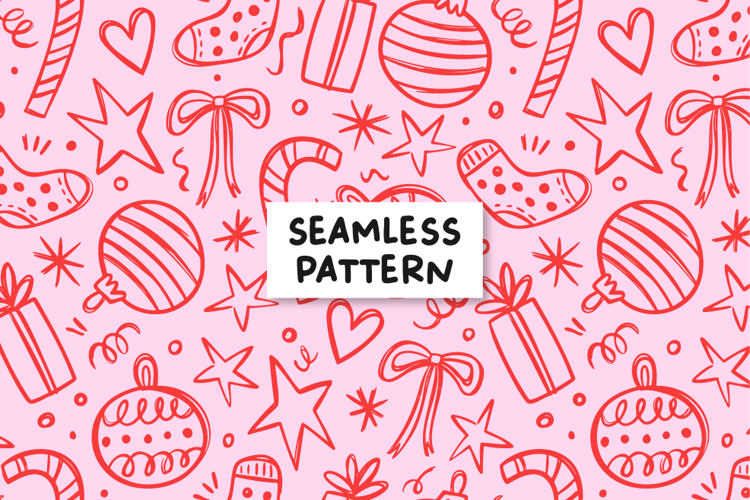 Christmas Doodles Pattern, Pink Red Christmas Background.