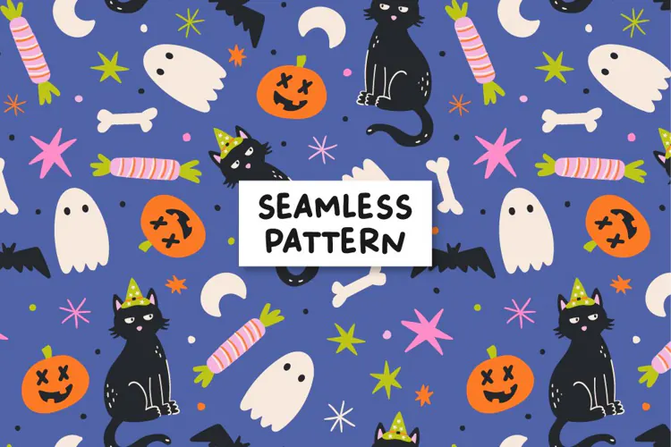Cute Halloween Pattern. Ghost, Cats and Pumpkins