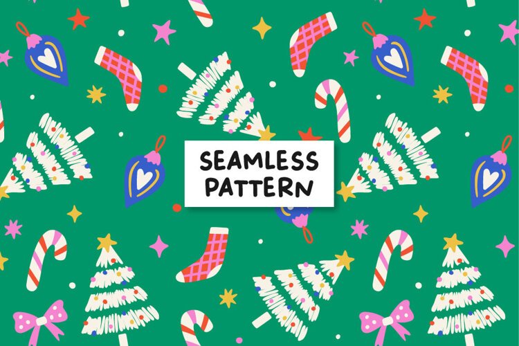 Green Christmas Pattern. Hand Drawn Winter Digital Paper example image 1