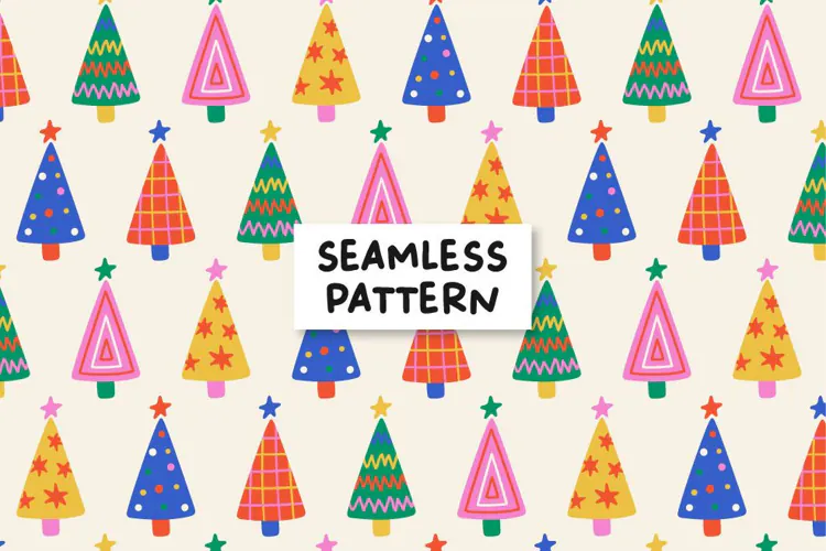 Christmas Trees Seamless Pattern, Colorful Holiday Paper