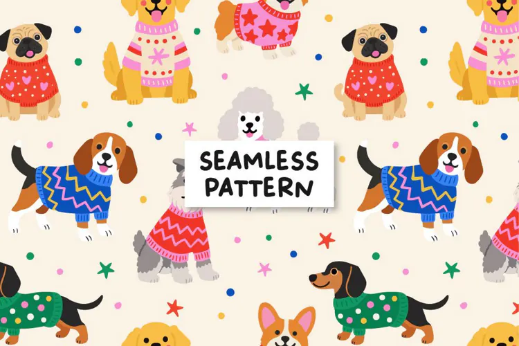 Dogs in Sweaters Seamless Pattern, Cute Dog Digital Paper