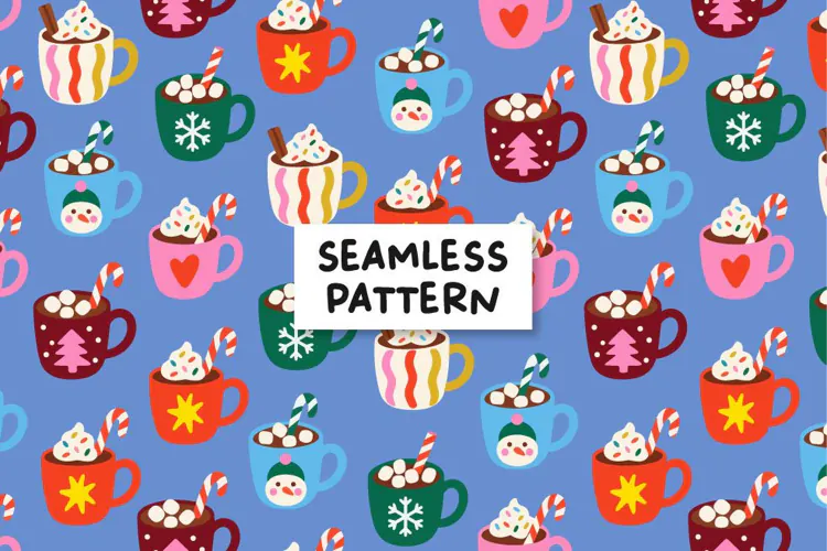 Christmas Hot Cocoa Mugs Seamless Pattern, Holiday Paper
