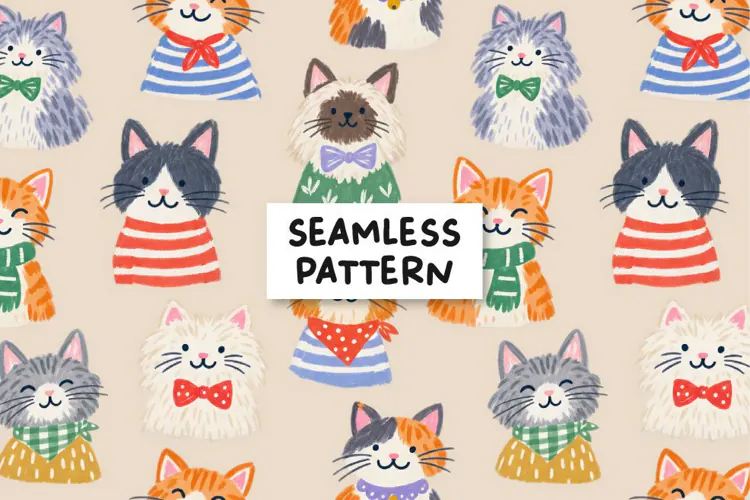 Winter Cats Seamless Pattern. Cat In Sweaters