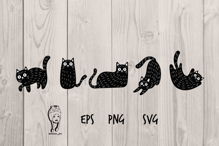 Collection of hand-drawn black cat silhouettes