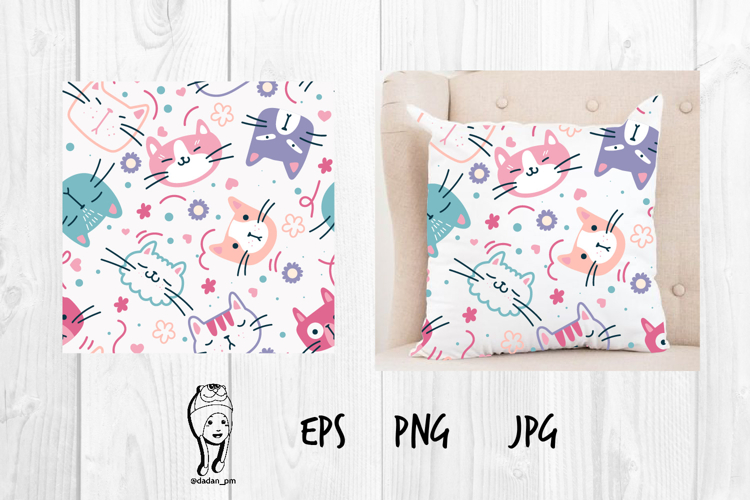 Cute Cat Seamless Pattern with Funny Kawaii Kitty Faces