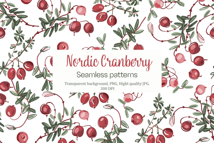 Nordic Cranberry Seamless Patterns PNG & JPG Bundle