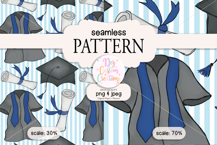 Graduation Seamless Pattern - Cap Gown Diploma - Blue stripe