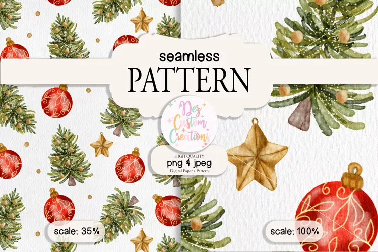 Christmas Seamless Pattern - Hand Drawn Watercolor - Digital